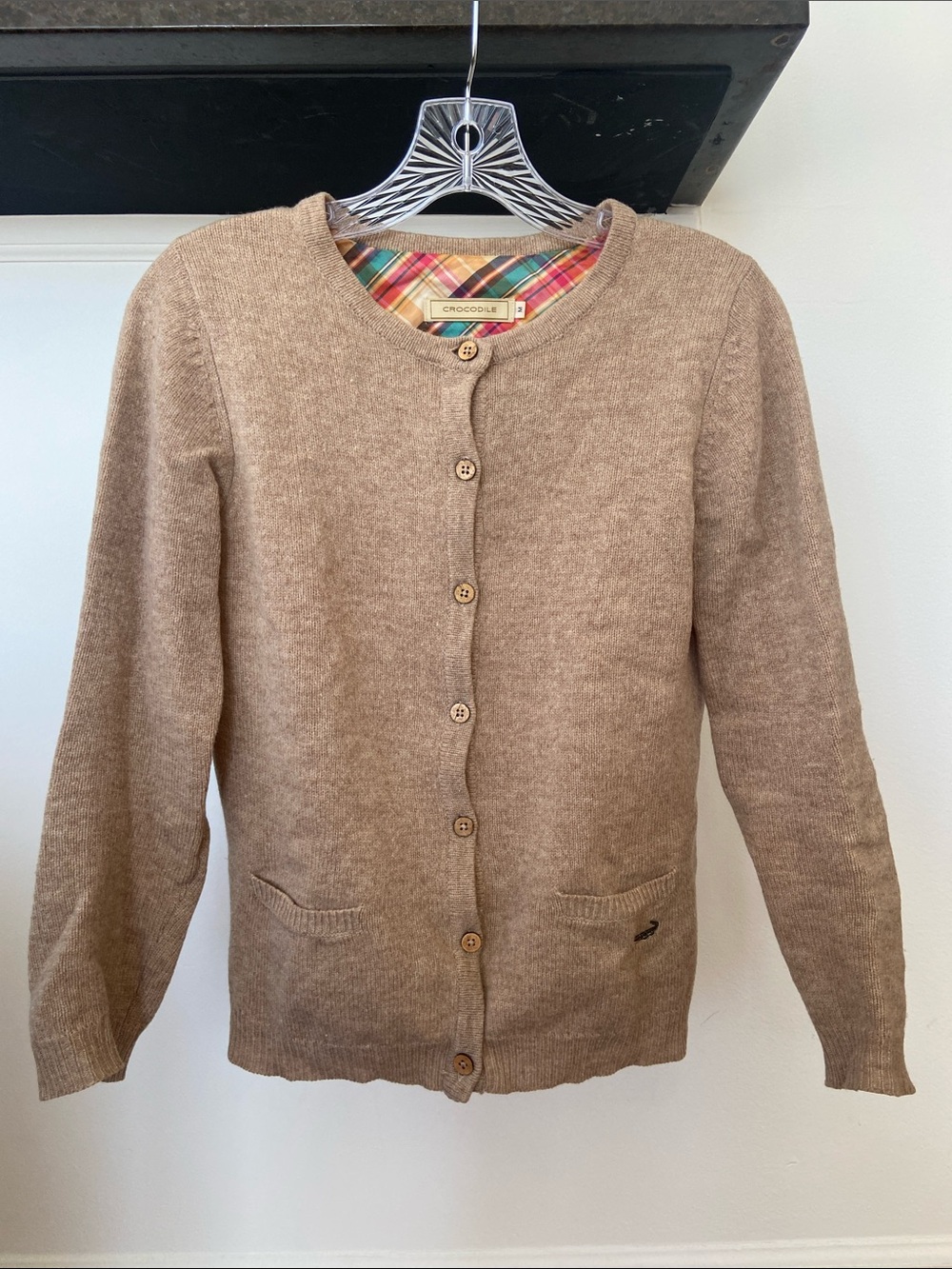 Light Brown Button-Up Crewneck Cardigan Sweater